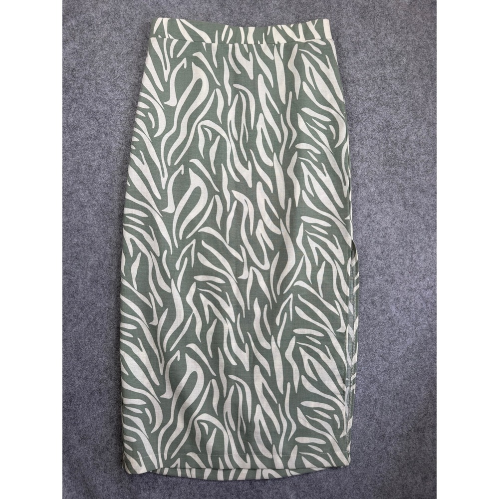 Love You More Women Zebra Print Midi Skirt XL Sage Green Side Slit Elastic Waist